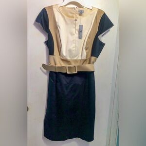 Black & Beige, Color Block, Cap Sleeve, Midi Dress